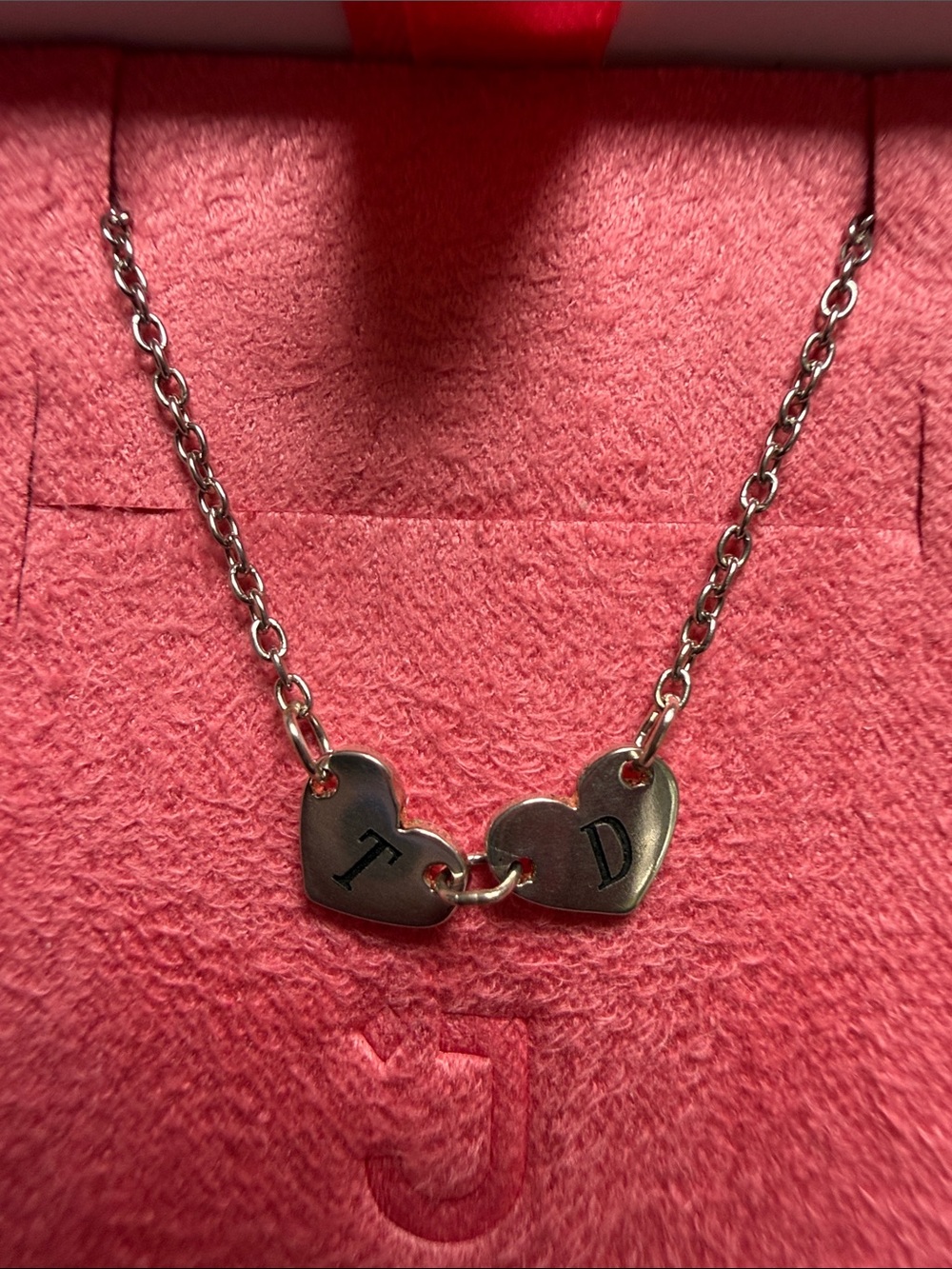 JEWLR Double Heart Initial Necklace in genuine 925 Sterling Silver- T & D NEW